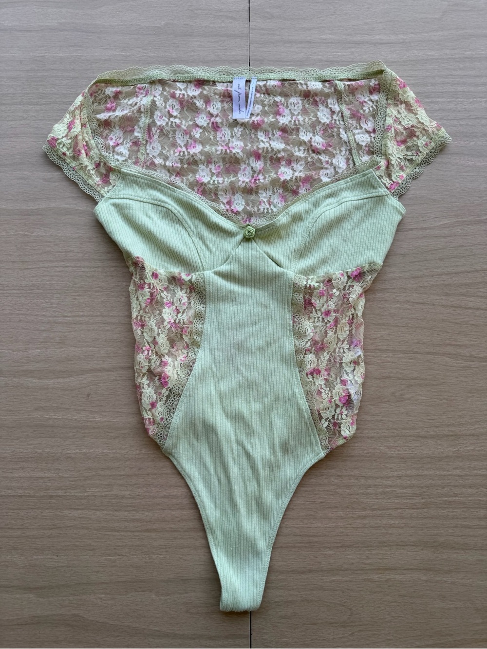 Urban Outfitters Green Ribbed Lace Trim Bodysuit with Pink Floral Details S